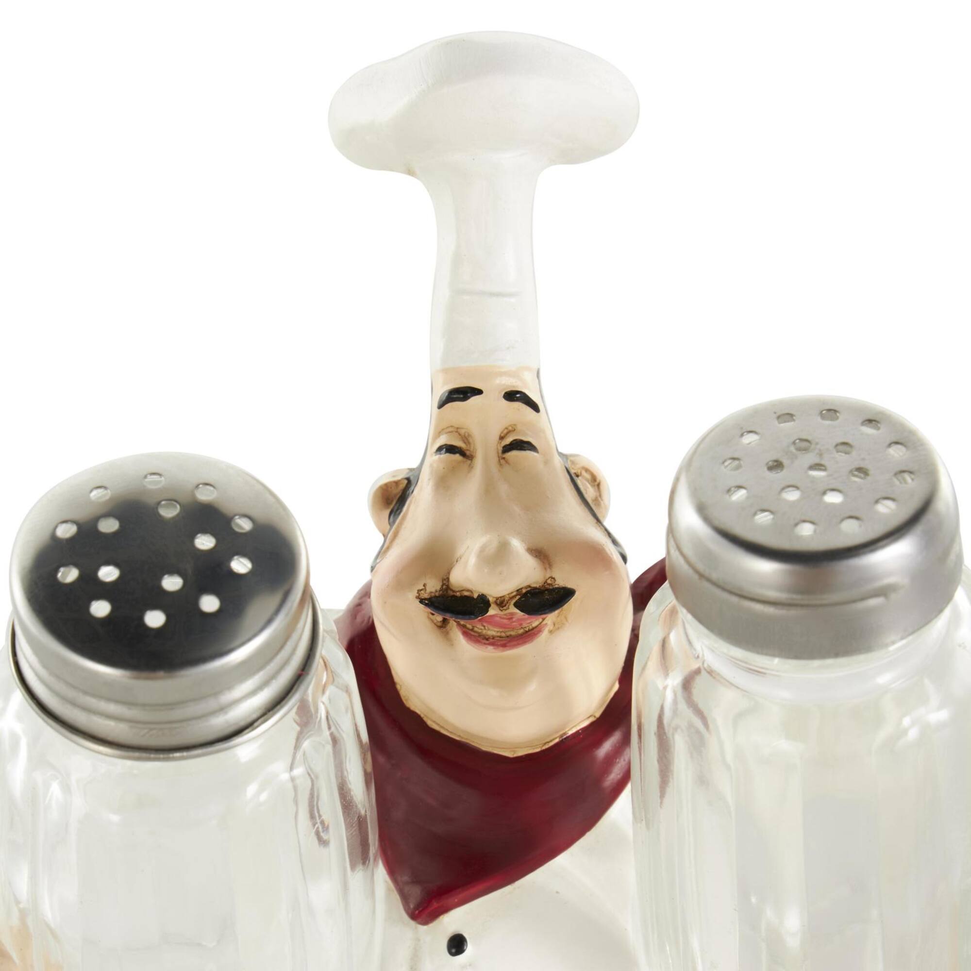 8" White Polystone Chef Figurine Salt & Pepper Shaker Holder with Red Accents